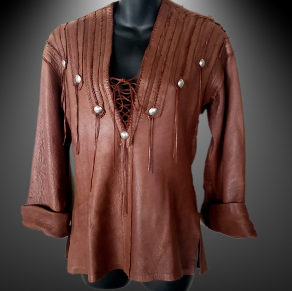 Leather Vintage Fringe Native Tunic Jacket Shirt - Picture 3 of 8